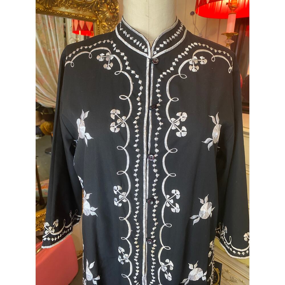 vintage 1960s black cotton embroidered kaftan 60s loungewear maxi dress med - Picture 2 of 10